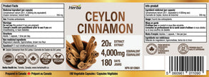 Herba Ceylon Cinnamon Capsules 4000mg - 180 Vegetable Capsules | Powerful 20:1 Extract from Sri Lanka | Equivalent to 4,000mg Dry Ceylon Cinnamon Powder | Made in Canada 🍁 All In One Marketplace Canada