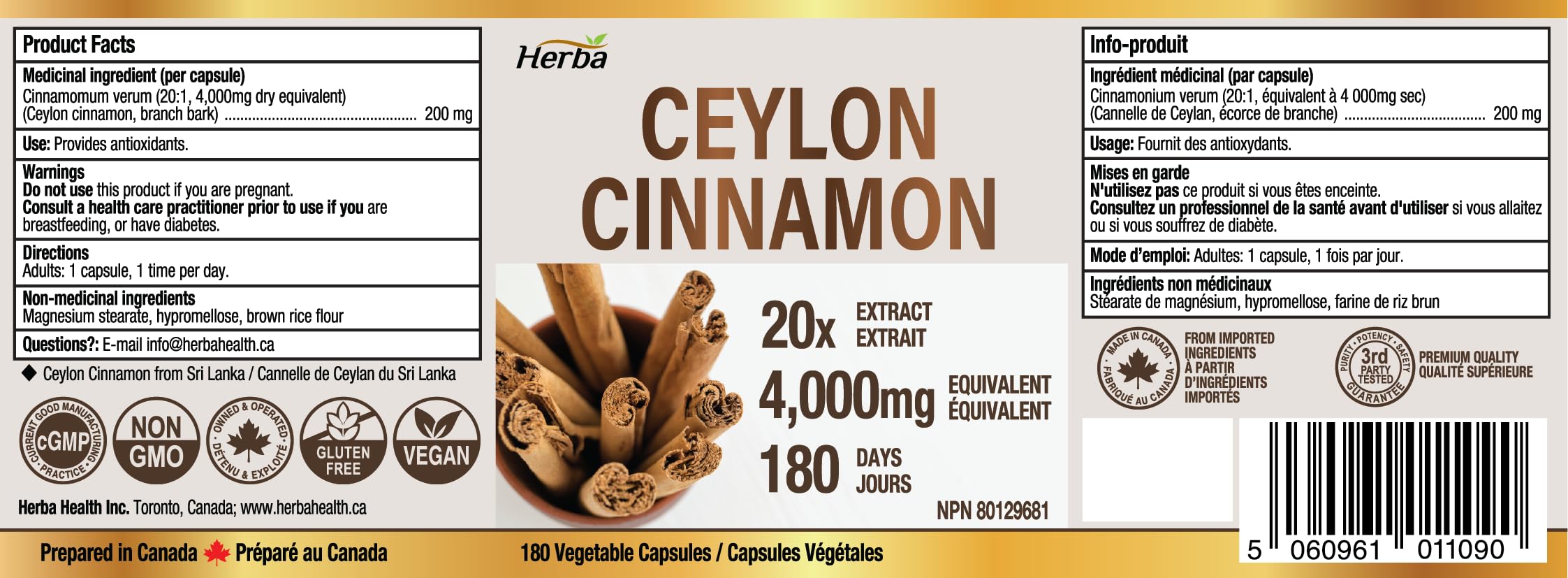 Herba Ceylon Cinnamon Capsules 4000mg - 180 Vegetable Capsules | Powerful 20:1 Extract from Sri Lanka | Equivalent to 4,000mg Dry Ceylon Cinnamon Powder | Made in Canada 🍁 All In One Marketplace Canada