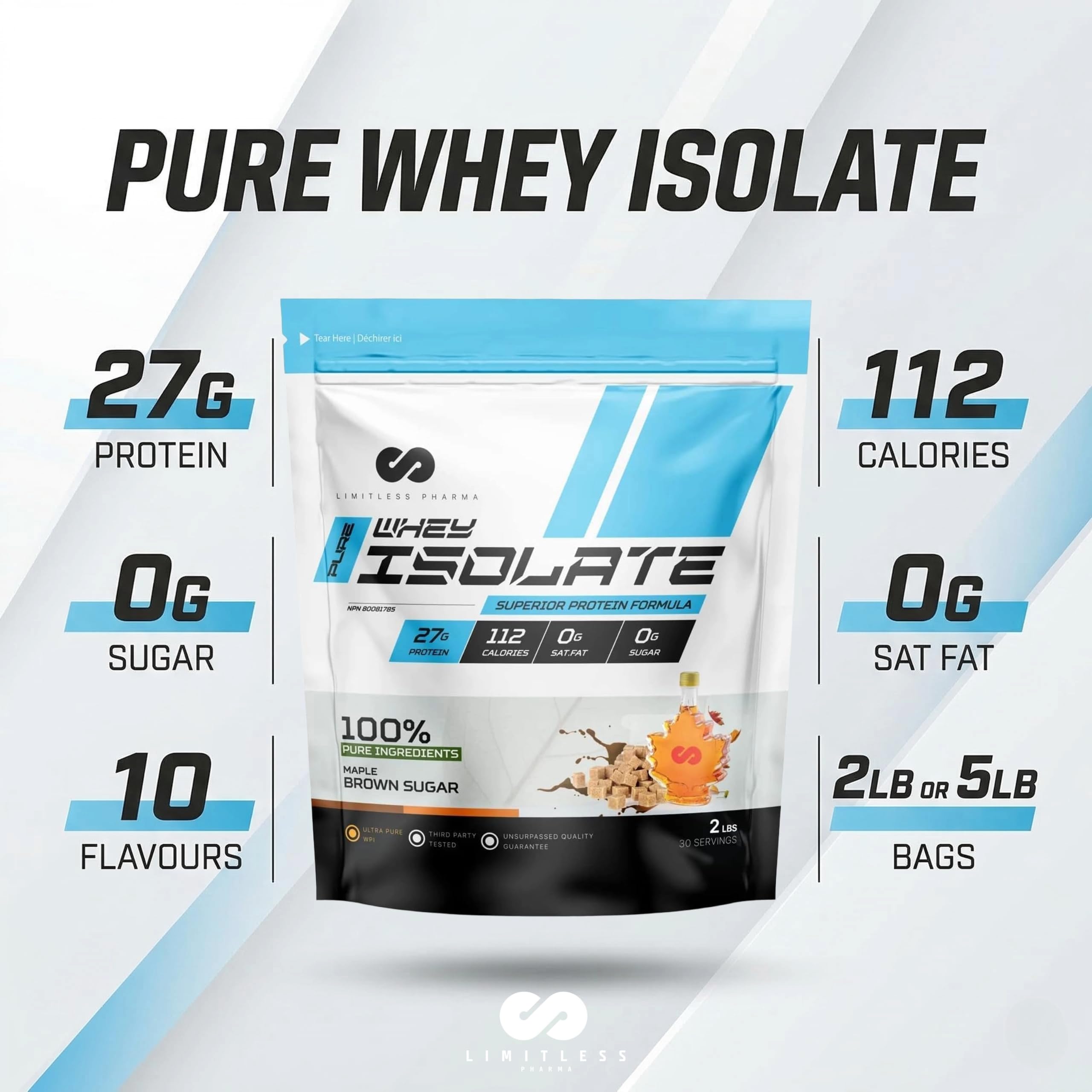Limitless Pharma Pure Whey Isolate | High Protein Whey Isolate Powder | 27g Protein, 6g BCAAs, Sugar Free, Gluten Free, Low Carb, Low Lactose | 30 Servings, 2LB (Vanilla) 🍁 All In One Marketplace Canada
