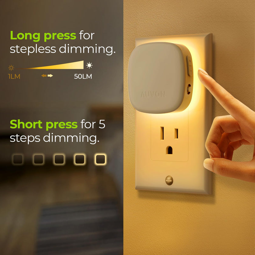AUVON Plug-in LED Backlit Night Light with Motion Sensor & Dusk to Dawn Sensor, Dimmable Warm White Nightlight with 1-50 lm Adjustable Brightness for Bathroom, Bedroom, Hallway, Stairs (2 Pack) 🍁 All In One Marketplace Canada