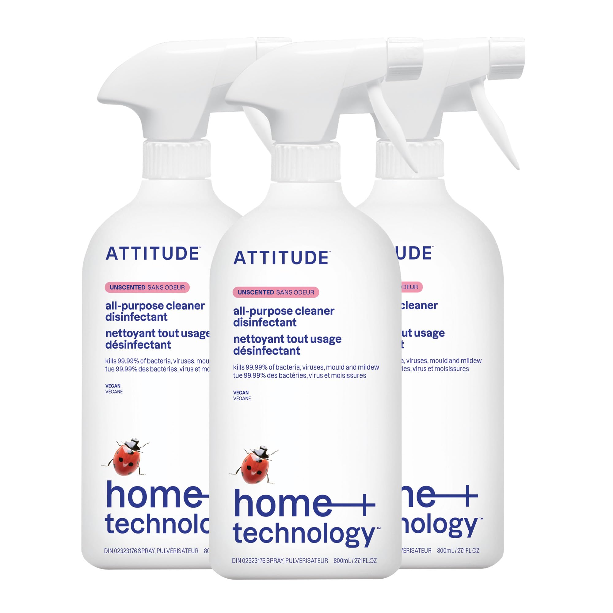 ATTITUDE Disinfectant Spray, All Purpose Cleaner with 99.99% Germ & Virus Elimination, Vegan & Plant-Based, Multi-Surface, Made in Canada, Unscented, 800 mL (Pack of 3) 🍁 All In One Marketplace Canada
