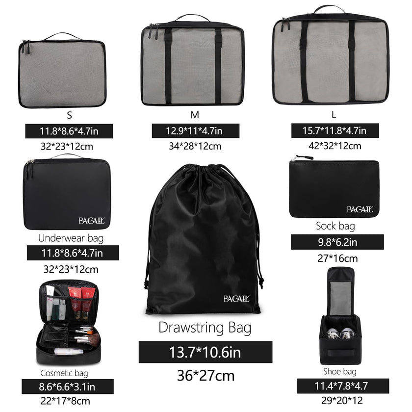 BAGAIL 8 Set Packing Cubes, Lightweight Travel Luggage Organizers with Shoe Bag, Toiletry Bag & Laundry Bag (Jet Black) 🍁 All In One Marketplace Canada