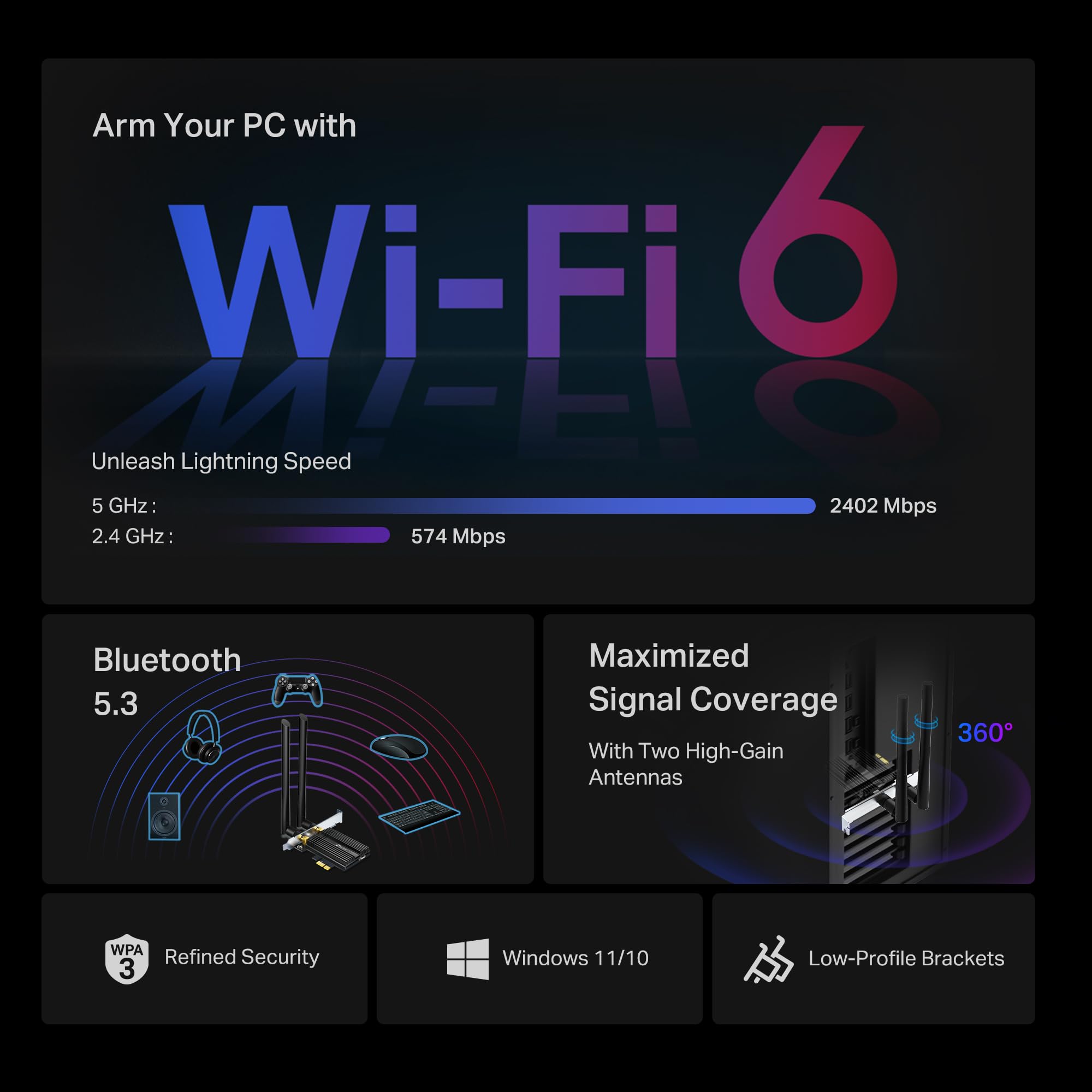 TP-Link WiFi 6 AX3000 PCIe WiFi Card for PC with Heat Sink (Archer TX50E) - Bluetooth 5.3, 802.11AX Dual Band Wireless Adapter with MU-MIMO, Ultra-Low Latency, Supports Windows 11, 10 (64bit) Only 🍁 All In One Marketplace Canada