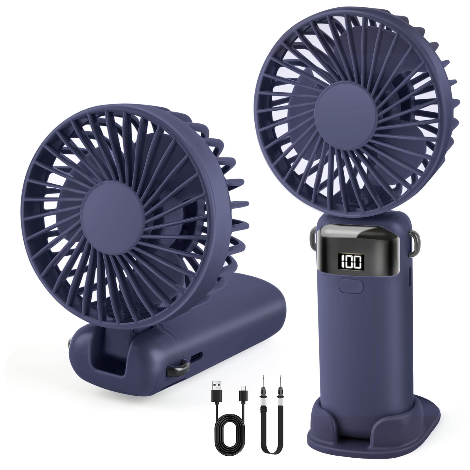 Portable Handheld Fan Rechargeable Small Fan 5 Speeds with Lanyard and Base USB Desk Fan Foldable Quiet Personal Fan with LED Display for Office, Home, Travel, Outdoor 🍁 All In One Marketplace Canada