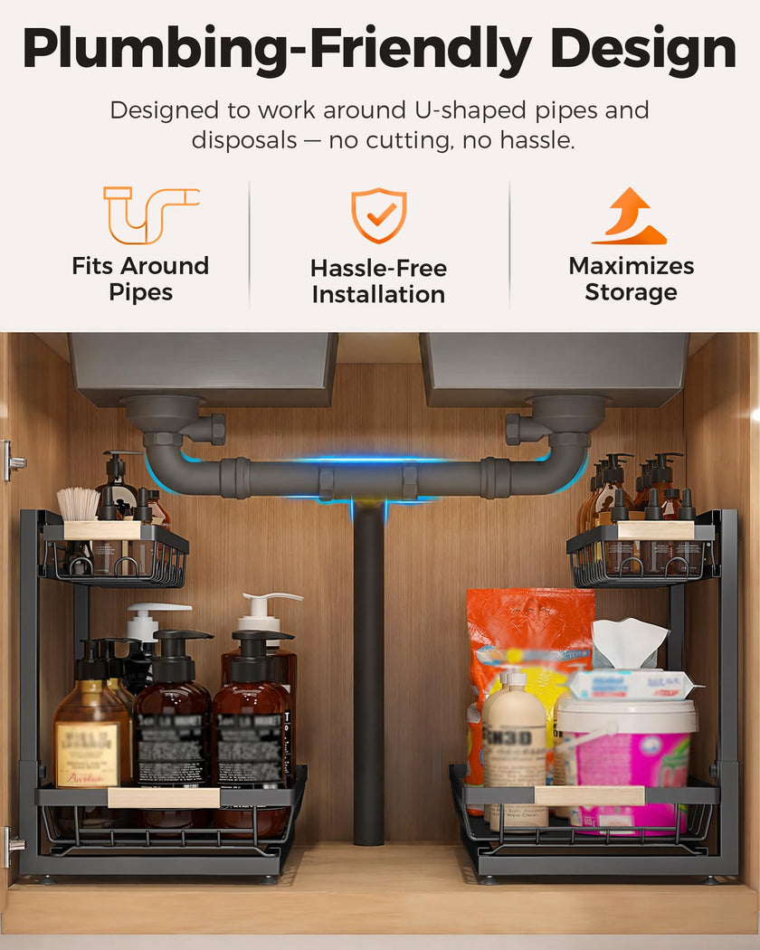 Sevenblue 2 Pack Under Sink Organizer, Height Adjustable 2 Tier Under Sink Organizer Kitchen, Multi-Purpose Storage Shelf for Kitchen Bathroom Cabinet (Black, Large) 🍁 All In One Marketplace Canada