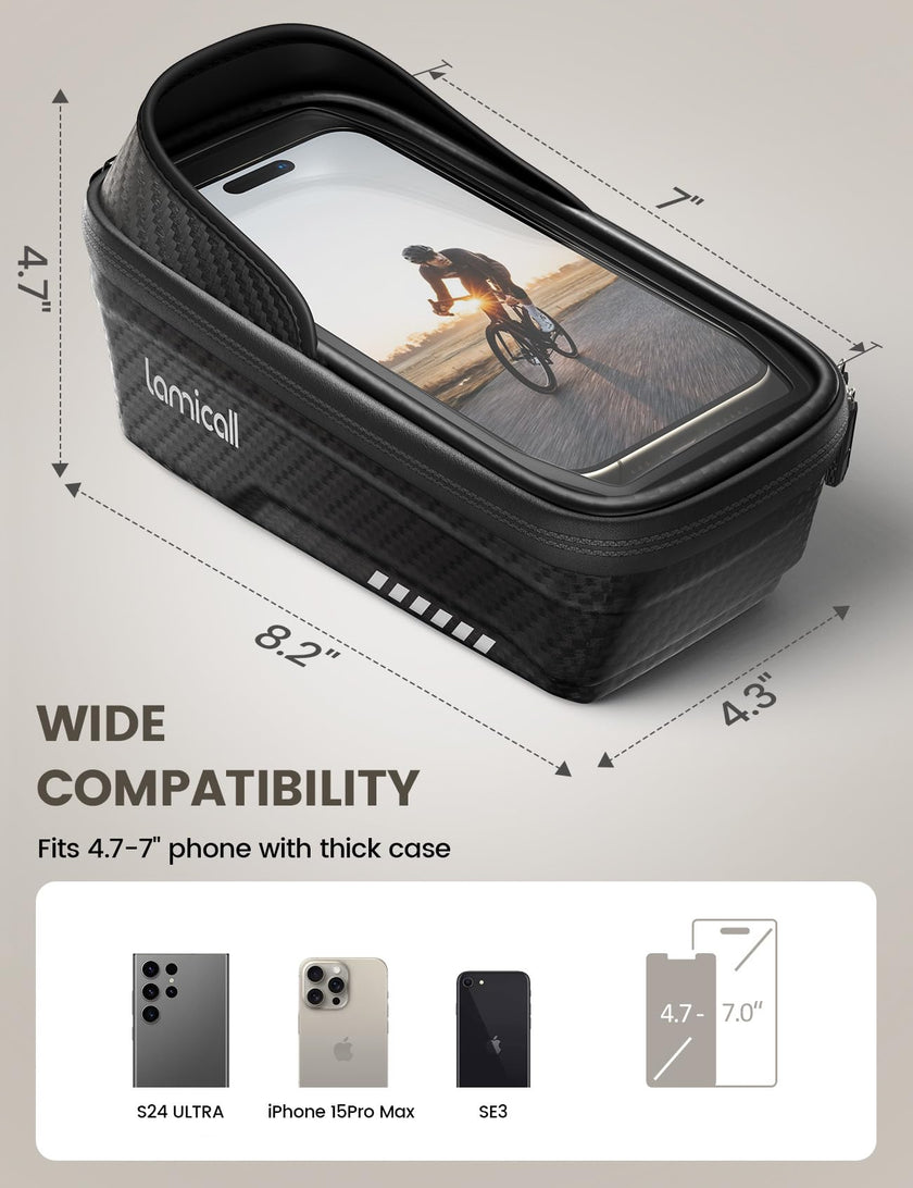 Lamicall Bike Frame Bag Waterproof - [Quick Install & Remove] 1.3L Bike Phone Bag with Sensitive Touch Screen, Bike Phone Holder with Rain Cover, Bicycle Top Tube Bag, Bike Accessories for Phones 4-7