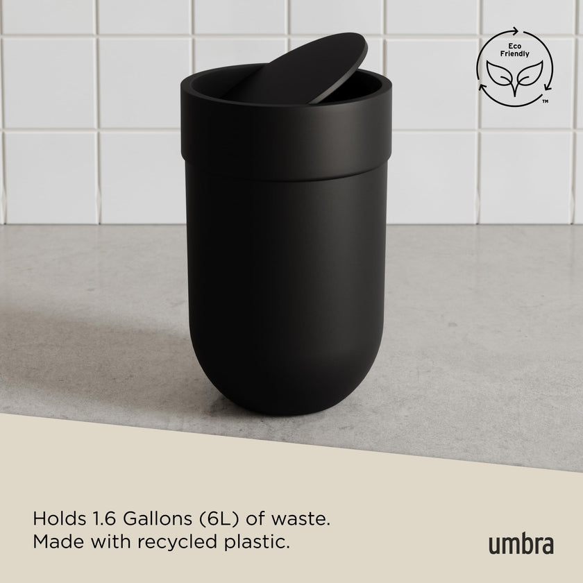 Umbra Touch Trash Can, Small 1.6-Gallon Garbage Bin with Swing Lid, Waste Basket for Bathroom or Office, Black 🍁 All In One Marketplace Canada