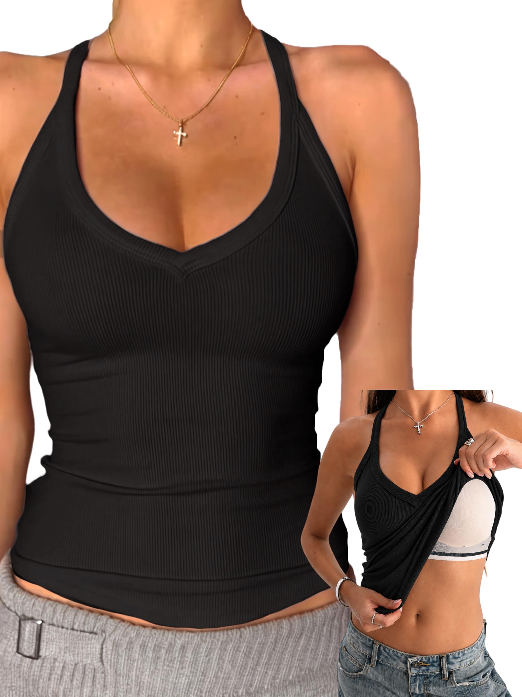 Danysu V Neck Cotton Tank Tops with Built-in Shelf Bra Sleeveless Racerback Fitted Basic Cami Shirts Black S 🍁 All In One Marketplace Canada