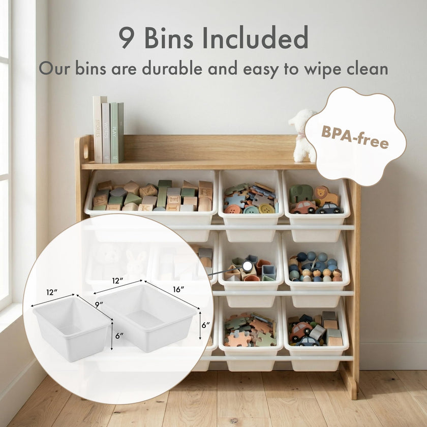 Humble Crew Toy Storage Organizer with Top Shelf and 9 Removable Bins, Natural/White – Toddler Bookshelf with Toy Organizer - Modern Toy Rack Ideal for Kids' Rooms, Playrooms, and Nurseries 🍁 All In One Marketplace Canada