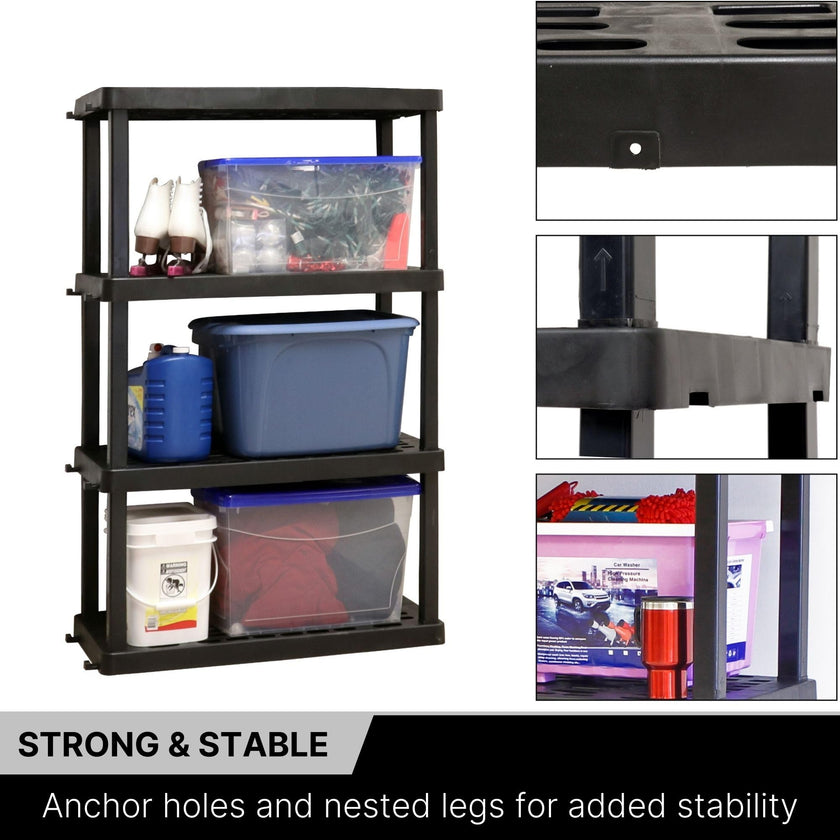 Koolatron Oscar Heavy Duty Plastic Storage Shelves- for Garage, Kitchen, Bathroom Basement, Kids Room, Toys,Stackable 4-Tier Black, Organizer Rack for Books Shoes, Pantry, Cleaning, Made in Canada 🍁 All In One Marketplace Canada