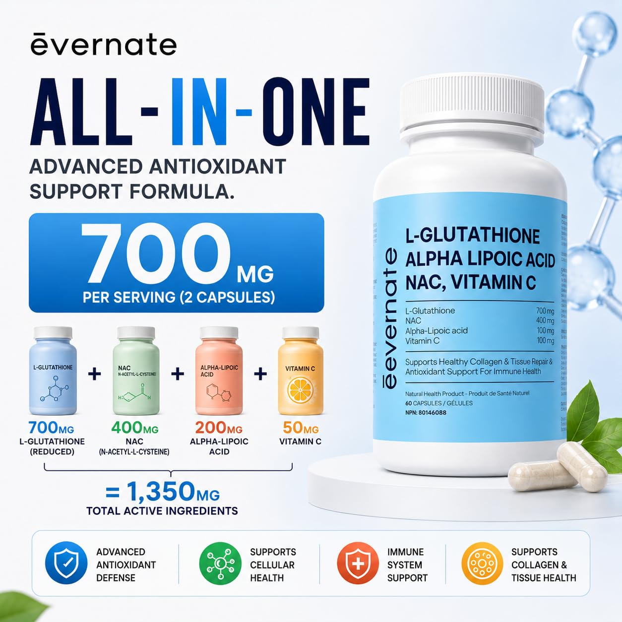 ALL-IN-ONE L-Glutathione 700 mg (Reduced) with NAC 400 mg, Alpha-Lipoic Acid 200 mg & Vitamin C (Per Serving: 2 Capsules) – Advanced Skin Brightening, Antioxidant & Immune Support Supplement – Made in Canada 🍁 All In One Marketplace Canada