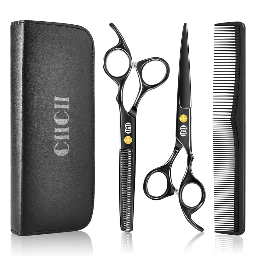 CIICII Hair Cutting Scissors Shears Kit, Professional Barber Haircut Scissors Set (6.7 Inch Hair Beard Hairdressing Trimming Haircutting Thinning Shears) for Men Women Hairdresser Home Salon (Black) 🍁 All In One Marketplace Canada