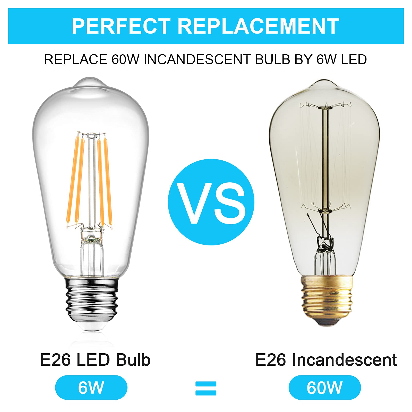 Ascher Vintage LED Edison Bulbs, 6W, Equivalent 60W, Non-Dimmable, High Brightness Warm White 2700K, ST58 Antique LED Filament Bulbs with 80+ CRI, E26 Medium Base, Clear Glass, Pack of 4 🍁 All In One Marketplace Canada