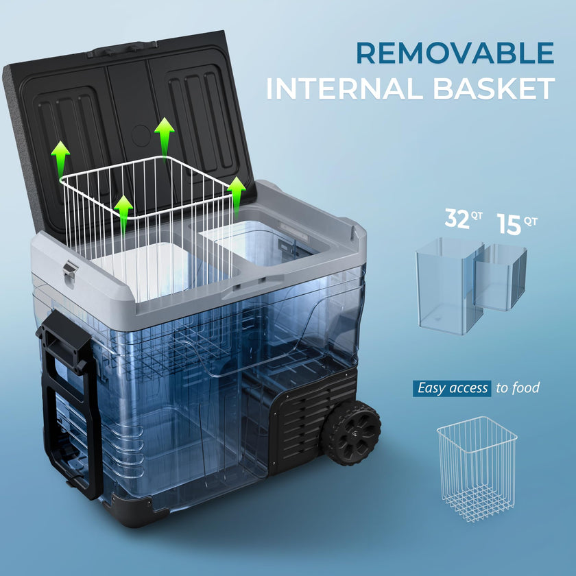 EUHOMY 12 Volt Refrigerator, 47QT(45L) Dual Zone Electric Cooler, Portable Freezer 12V/24V DC 110-240V AC, 12V Fridge -4℉~68℉, 12V Cooler with Wheels & Basket for Travel, Truck, Boat, Camping 🍁 All In One Marketplace Canada