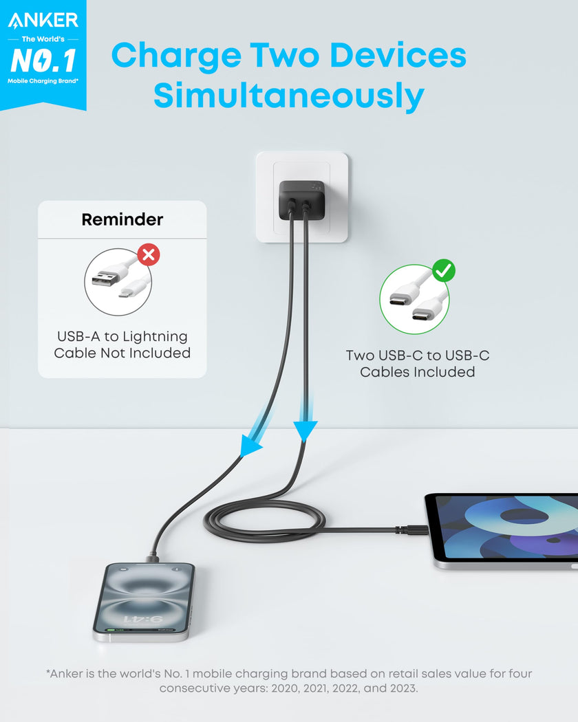 Anker iPhone 17/16 Charger, 2-Pack 20W Fast USB C Charger Block, for iPhone 17/16/16 Pro Max/15 Series/iPad Pro and More (2 Pack & 2 Cable)(Black) 🍁 All In One Marketplace Canada