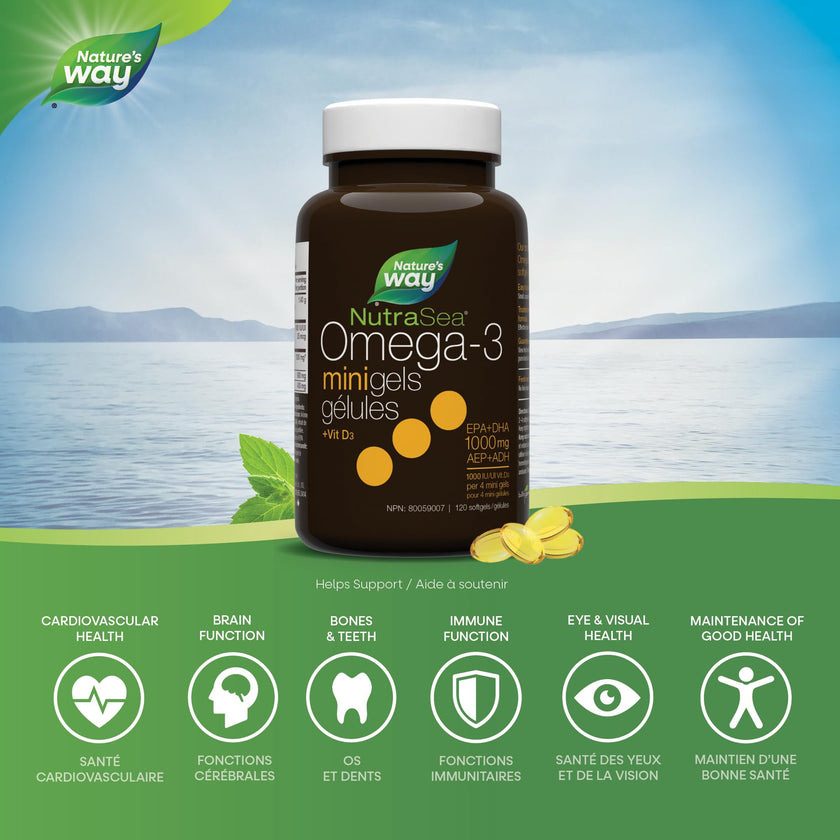 Nature's Way NutraSea Omega 3 + Vitamin D Fish Oil Mini Gels Supplement – Fresh Mint Flavour – Heart, Brain, Bone & Immune Support – 1000mg EPA & DHA + 1000IU D3, 120 Softgels 🍁 All In One Marketplace Canada