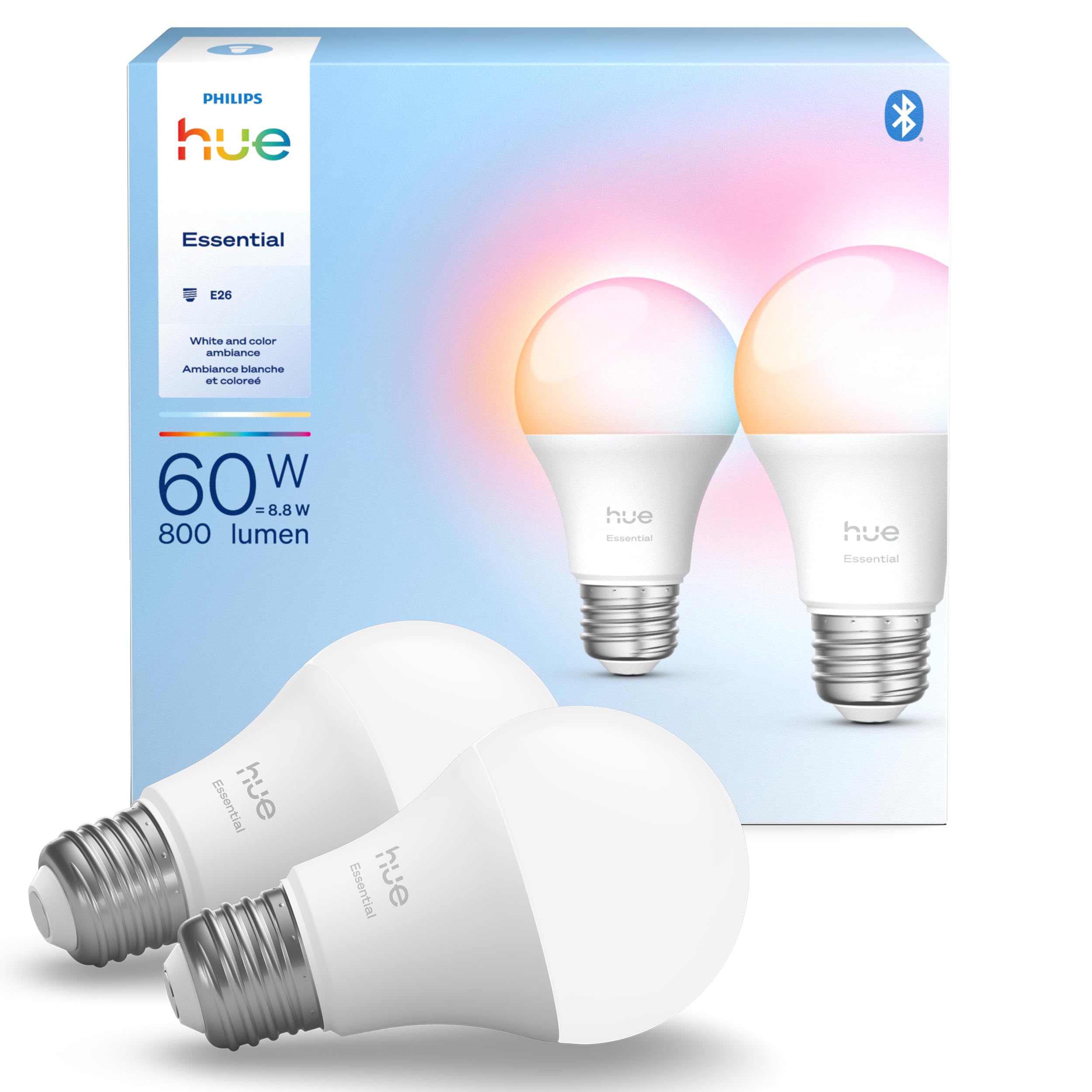 Philips Hue Essential Smart LED A19 Bulb, White and Color Ambiance, E26 Base, 8.8W, 2200K-6500K, 800 Lumens, Dimmable, Works with Alexa, Google Assistant, and Apple Home, 2 Pack 🍁 All In One Marketplace Canada