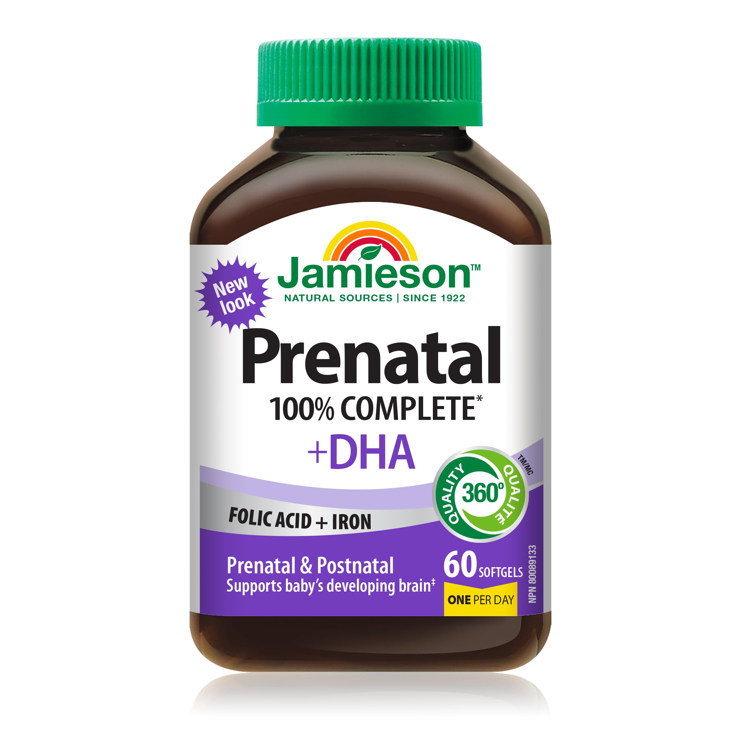 Jamieson Prenatal 100% Complete Multivitamin + DHA, with Folic Acid and Iron, 60 Softgels. For Prenatal, Postnatal and Breastfeeding, Supports Baby's Developing Brain, Gluten-Free, One Per Day 🍁 All In One Marketplace Canada