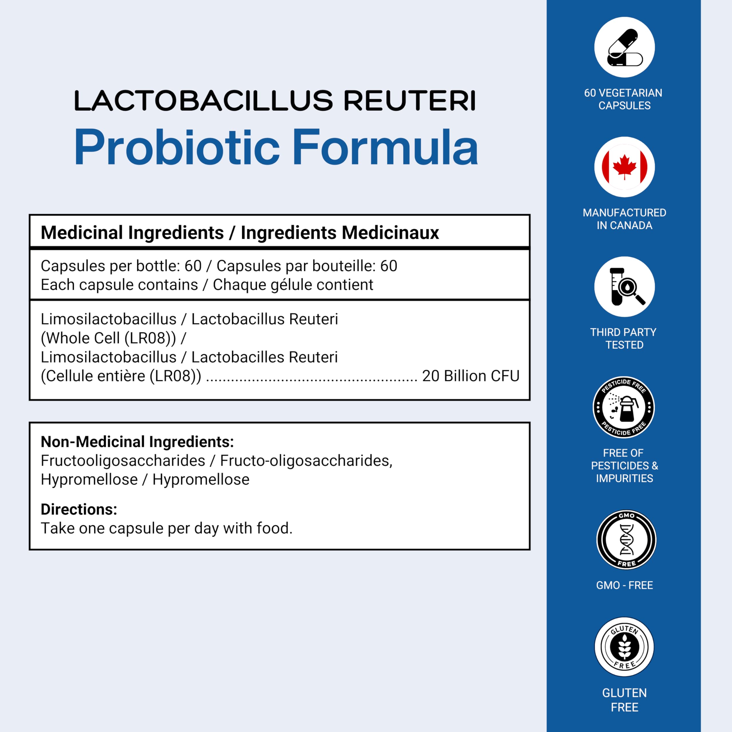 Lactobacillus Reuteri Probiotic 20 Billion CFU - L Reuteri Probiotic - Highest CFU Count, Gut Health, Yogurt Starter Culture, Probiotic With Prebiotic FOS, Made In Canada, 60 Capsules 🍁 All In One Marketplace Canada
