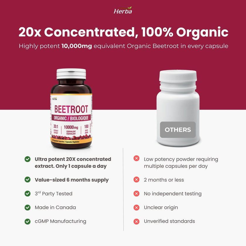 Herba 10,000mg Organic BeetRoot Capsules – 180 Count | 20:1 Beet Root Powder in Capsule | Nitric Oxide Supplements for Men & Women | Made in Canada 🍁 All In One Marketplace Canada