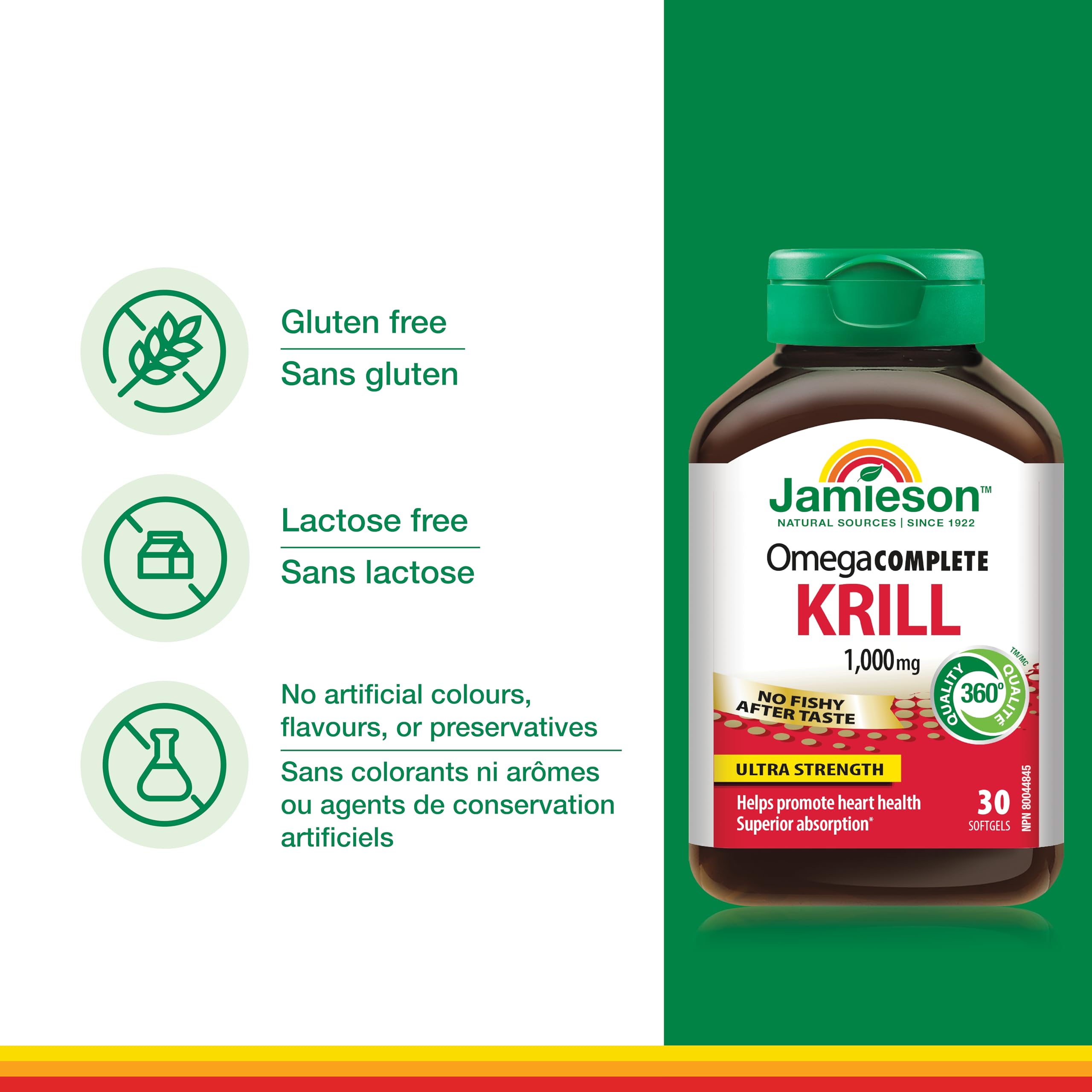 Jamieson Omega Complete Pure Krill Oil, 1000 mg, 30 Softgels, No Fishy Aftertaste, Supports Heart Health, High Potency, Provides Superior Absorption. With Antarctic Krill Oil, Proudly Canadian 🍁 All In One Marketplace Canada