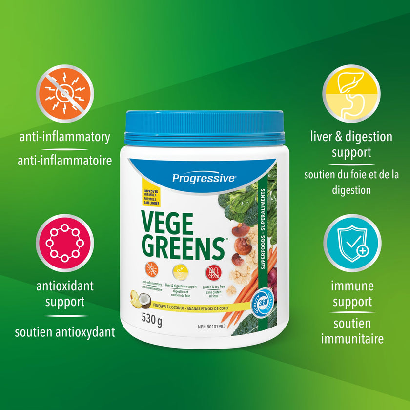 Progressive VegeGreens Pineapple Coconut, Vegan Canadian-Made Superfoods + Daily Greens with 23 Whole Foods, Adaptogens, Anti-Inflammatory, Antioxidants & Digestive Support for Energy and Immunity, 530 g 🍁 All In One Marketplace Canada