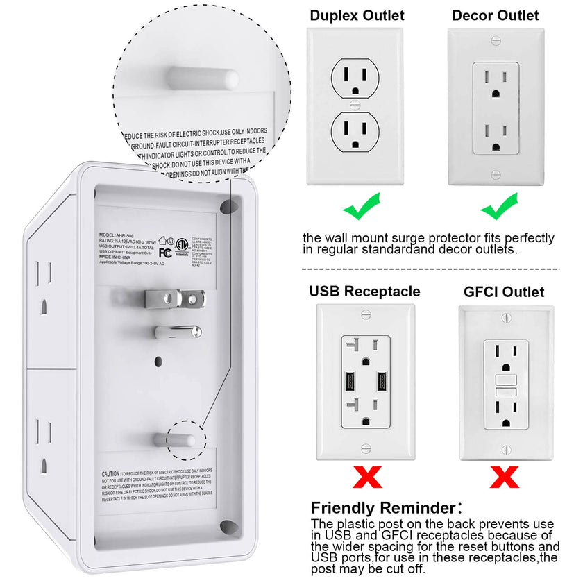 3-Sided Power Bars with Surge Protector, POWRUI 6-Outlet Extender with 3 USB Ports (1 USB C) and Night Light, Multi Plug Outlet and Spaced Outlets Adapter, ETL, White 🍁 All In One Marketplace Canada