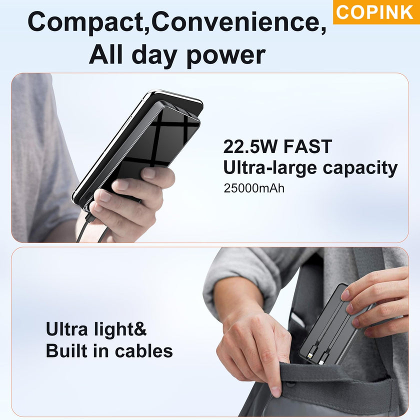 COPINK Power Bank with Built in Cables, 25000mAh Fast Charging Portable Charger,5 Output 2 Input LED Display Slim External Battery Pack for iPhone, Samsung, Android Phones, Tablets 🍁 All In One Marketplace Canada
