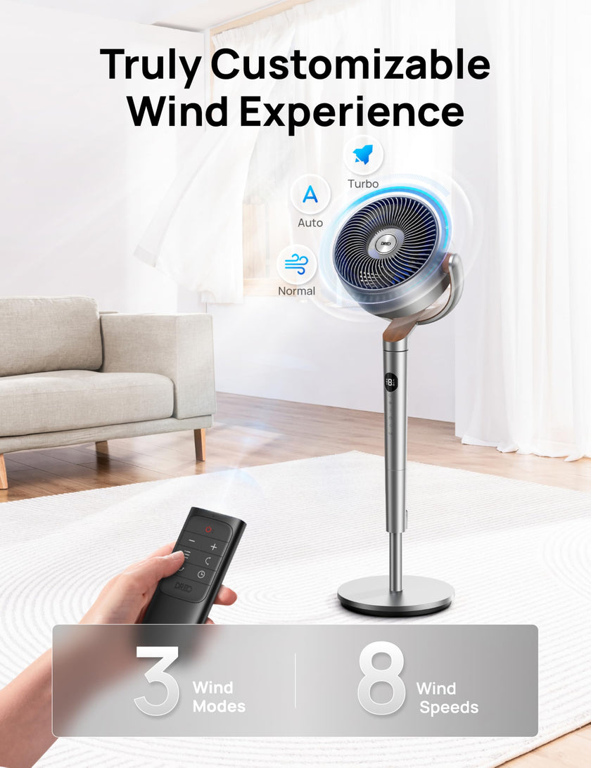 DREO Fan for Bedroom, 120°+120°Omni-directional Oscillating Fan, 90ft, DC Motor, 20 dB Quiet Standing Pedestal Fans, 8 Speeds, 3 Modes Circulator with Remote, 35-40