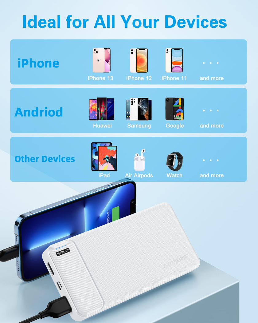 AsperX 2-Pack 15000mAh Portable Charger Power Bank 3A Fast Charging, USB C Output Portable Battery Bank External Battery Pack for iPhone 17/16/15/14/13, Galaxy, Google LG,Tablets and Heated Vest 🍁 All In One Marketplace Canada