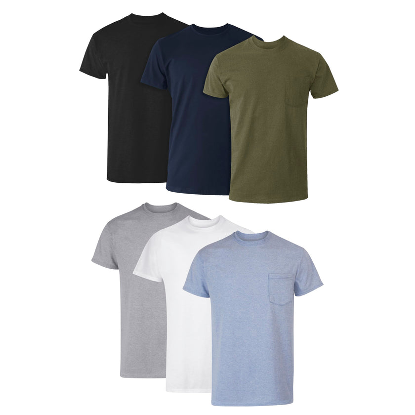 Hanes Men's Pocket Undershirt Pack, Cotton Crew Neck T-Shirt, Moisture Wicking Tee, Assorted 6-Pack, Grey Heather, Black, White, Navy, Blue Heather, Medium 🍁 All In One Marketplace Canada