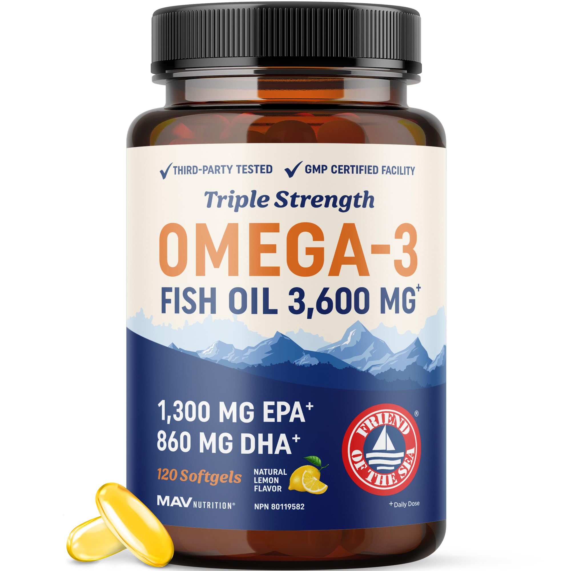 Triple Strength Omega 3 Fish Oil | 120 Softgels | 3600 mg Fish Oil | Over 2100mg of Omega-3 Fatty Acids | Heart and Cognitive Support | 1300mg EPA + 860mg DHA | Wild Caught & Burpless | 120 Ct 🍁 All In One Marketplace Canada