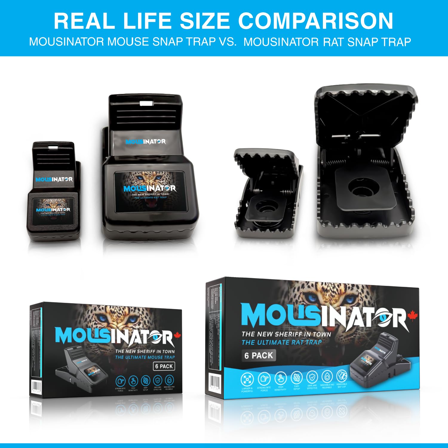 MOUSINATOR Rat Trap | 6-Pack | Large Rat Snap Traps for Indoor and Outdoor Use | Easy to Set | Safe and Reusable Design | Easy to Clean | Effective Powerful Large Mouse Trap that Works Instantly 🍁 All In One Marketplace Canada