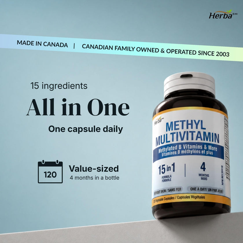 Herba Methylated Multivitamin with 500mg TMG & Methylated B Complex - 120 Capsules | 15 in 1 Formula | B Complex Vitamins for Women & Men including Methyl Folate Supplement | Vegan | Made in Canada 🍁 All In One Marketplace Canada
