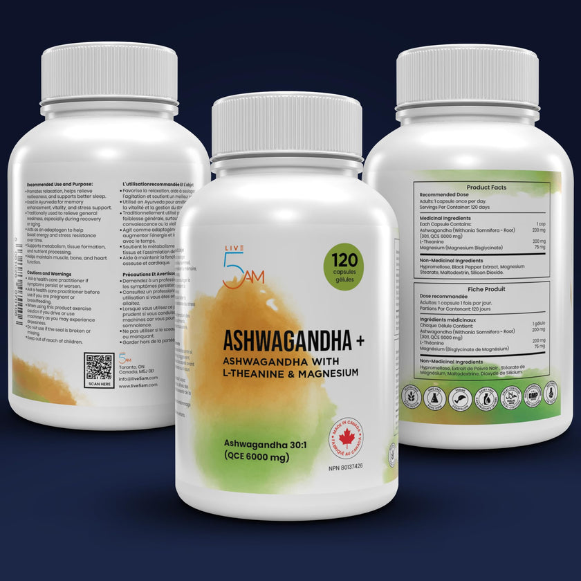 Live 5AM Ashwagandha 6000mg with L-Theanine 200mg, Magnesium Bisglycinate 75mg & Black Pepper Extract - Relaxation, Stress & Restlessness Support - 4 Month Supply, 120 Capsules - Made in Canada 🍁 All In One Marketplace Canada