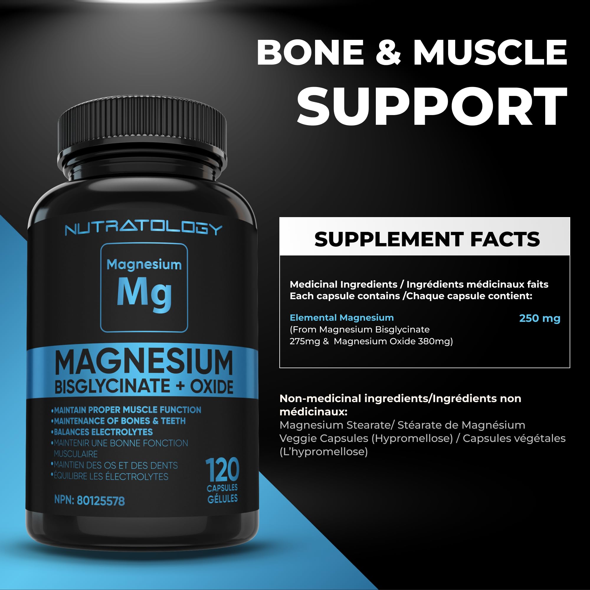 Nutratology® Magnesium Bisglycinate + Oxide | Canadian-Made | Relaxes Muscles, Improves Sleep Quality, Maintains Proper Muscle Functions & Enhances Bone Density | 250MG Per Capsule | 120 Capsules 🍁 All In One Marketplace Canada