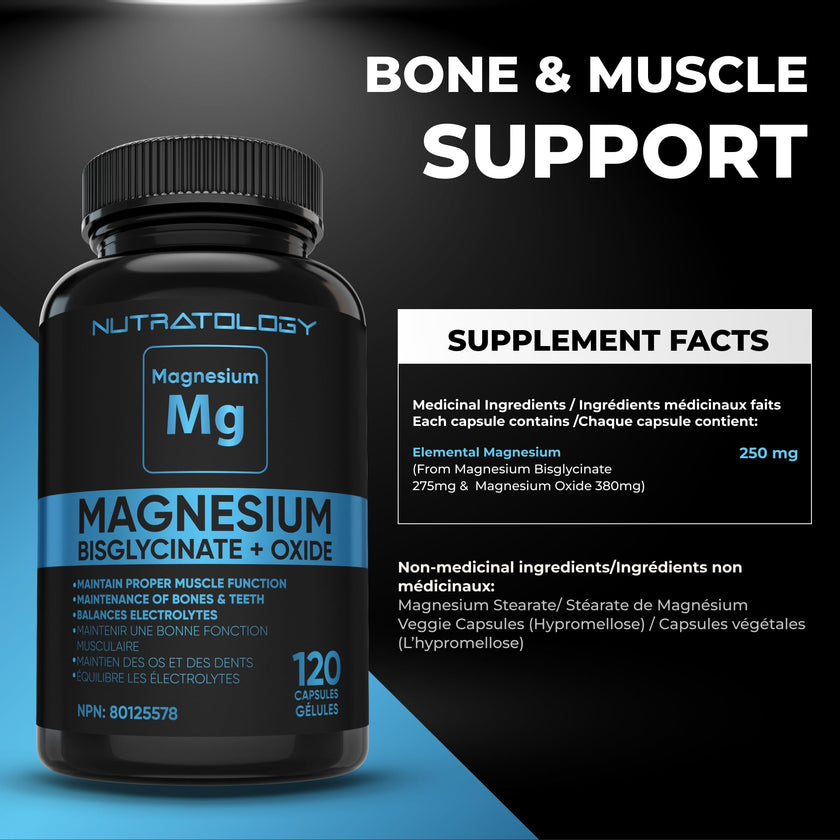 Nutratology® Magnesium Bisglycinate + Oxide | Canadian-Made | Relaxes Muscles, Improves Sleep Quality, Maintains Proper Muscle Functions & Enhances Bone Density | 250MG Per Capsule | 120 Capsules 🍁 All In One Marketplace Canada
