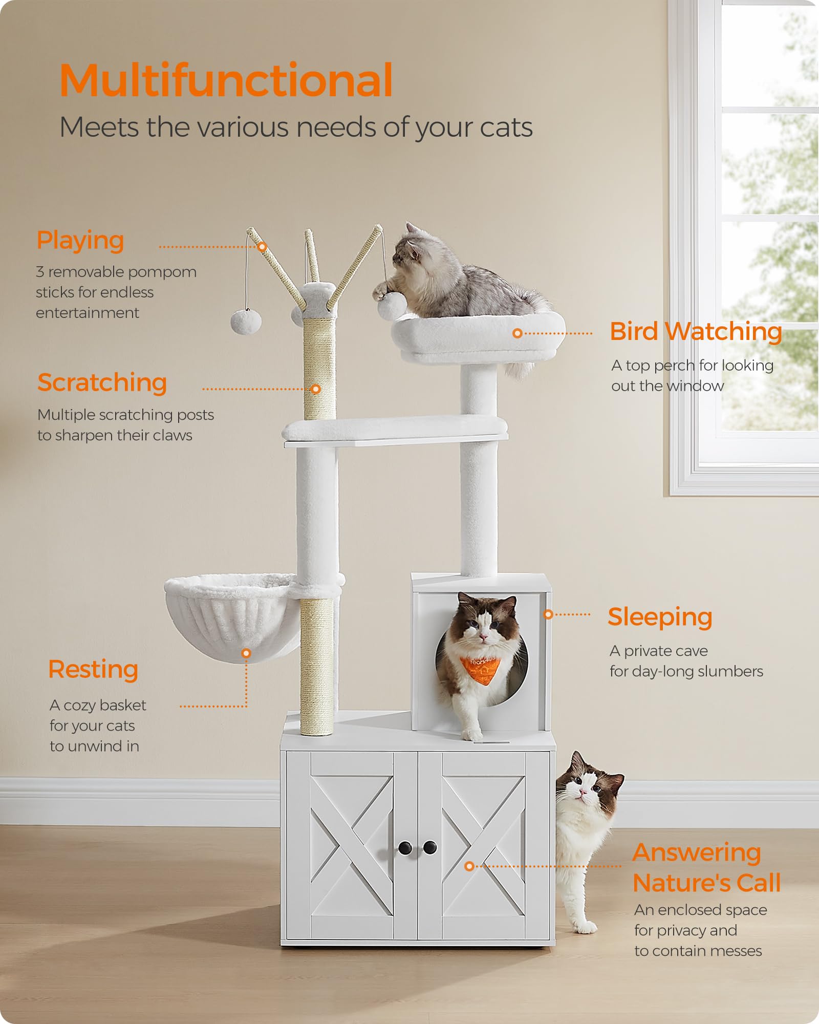 Feandrea WoodyWonders Cat Tree with Litter Box Furniture Hidden Enclosure, 2-in-1 Modern Tower, Cat Condo with Scratching Posts, Removable Pompom Sticks, Cloud White UPCT113W01 🍁 All In One Marketplace Canada