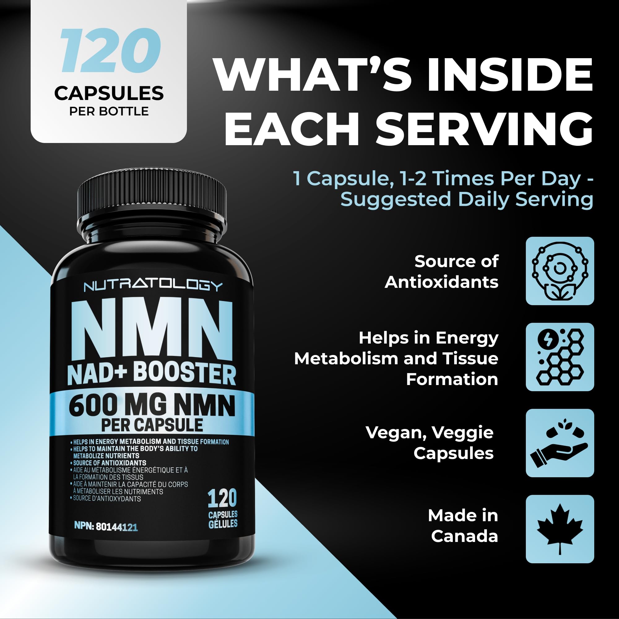 Nutratology® NMN Supplement - 1200 mg Per Serving - NAD+ Booster - Made In Canada - Premium 99% Purity - Protects Cellular Health & Supports Healthy Aging - 120 Capsules 🍁 All In One Marketplace Canada