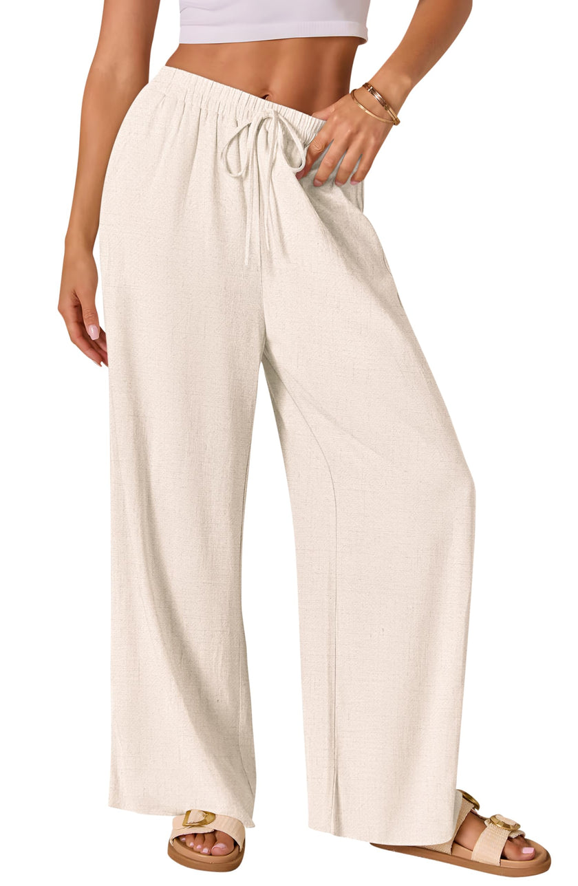 AISEW Women's Cotton Linen Palazzo Pants Drawstring Elastic Waist Casual Wide Leg Long Lounge Trousers with Pockets (Beige, 7031M) 🍁 All In One Marketplace Canada