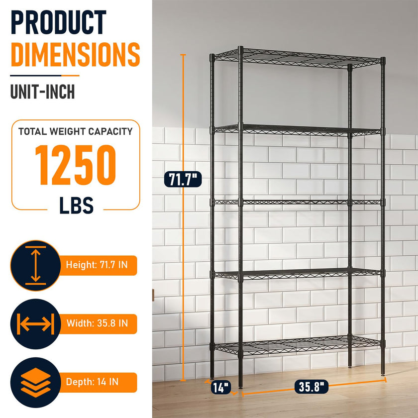 FDW Storage Shelves,Wire Shelving Unit Metal Shelves Heavy Duty Layer Rack Storage Rack Adjustable Utility (Black, 36