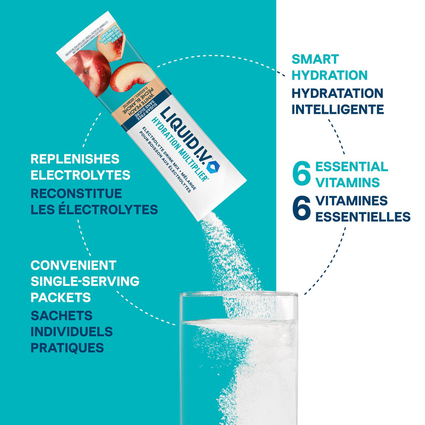 Liquid IV Sugar-Free Electrolyte Drink Mix for enhanced hydration, White Peach with Vitamins B3, B5, B12 and C 60g (18 sticks) 🍁 All In One Marketplace Canada