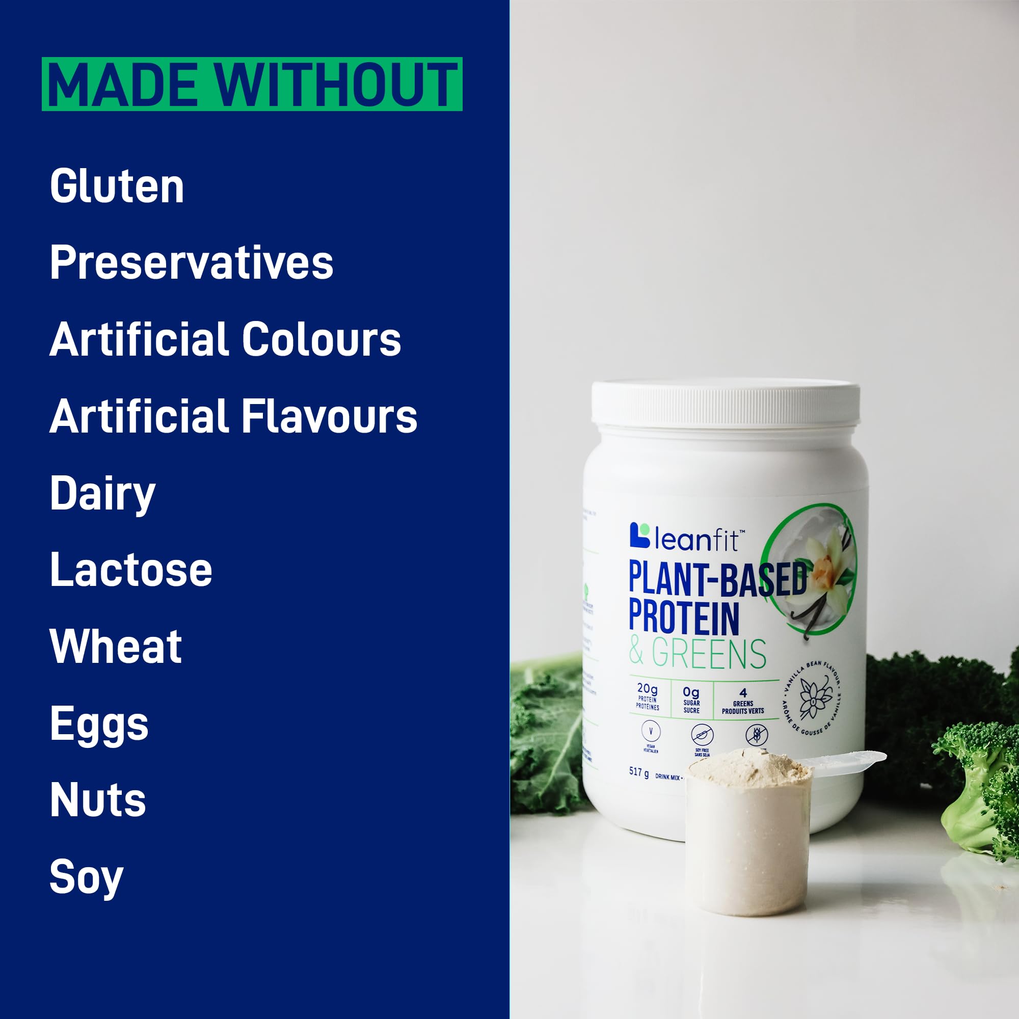 LEANFIT PLANT-BASED PROTEIN & GREENS Natural Vanilla – 20g Plant Protein + 4 Leafy Greens Per Serving – Vegan, Gluten-Free, Soy-Free, No Sugar - 20 Servings, 517g Tub 🍁 All In One Marketplace Canada