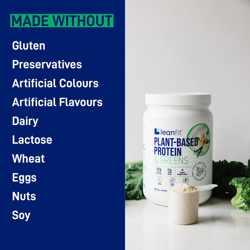 LEANFIT PLANT-BASED PROTEIN & GREENS Natural Vanilla – 20g Plant Protein + 4 Leafy Greens Per Serving – Vegan, Gluten-Free, Soy-Free, No Sugar - 20 Servings, 517g Tub 🍁 All In One Marketplace Canada