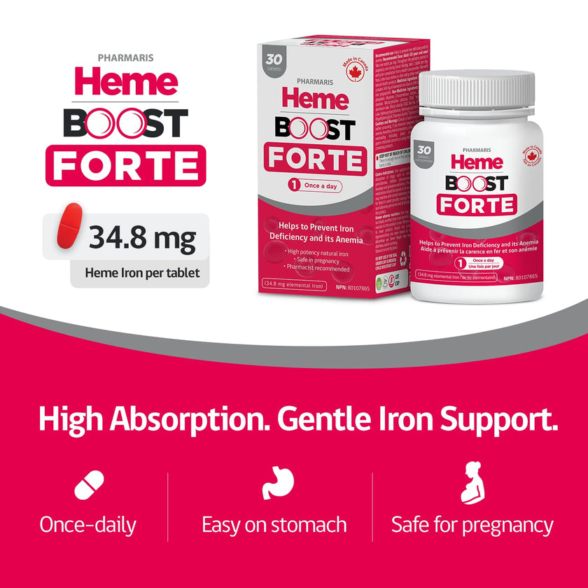 Hemeboost Forte 696 mg Heme Iron Supplements Polypeptide, (34.8 mg Elemental Iron), Prevents Iron Deficiency & Anemia, Better Absorption, Well-Tolerated Formula, Safe for Pregnancy, 30 Tablets 🍁 All In One Marketplace Canada
