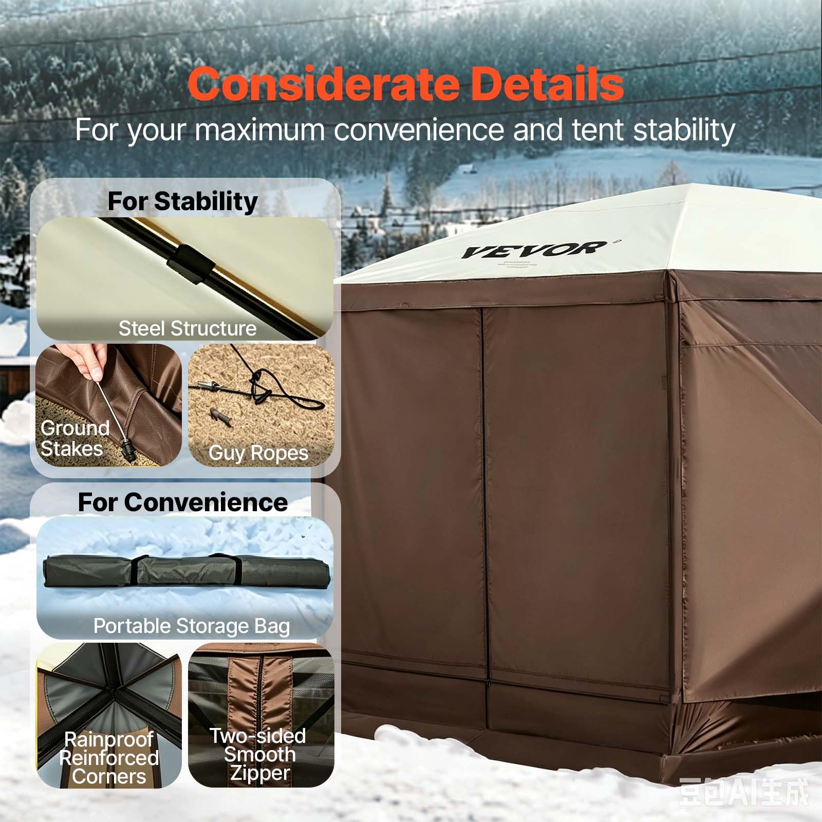 VEVOR Camping Gazebo Tent, 12'x12', 6 Sided Pop-up Canopy Screen Tent for 8 Person Camping, IPX3 Water-Resistant Screen Shelter w/Portable Storage Bag, Ground Stakes, Mesh Windows, Brown & Beige 🍁 All In One Marketplace Canada