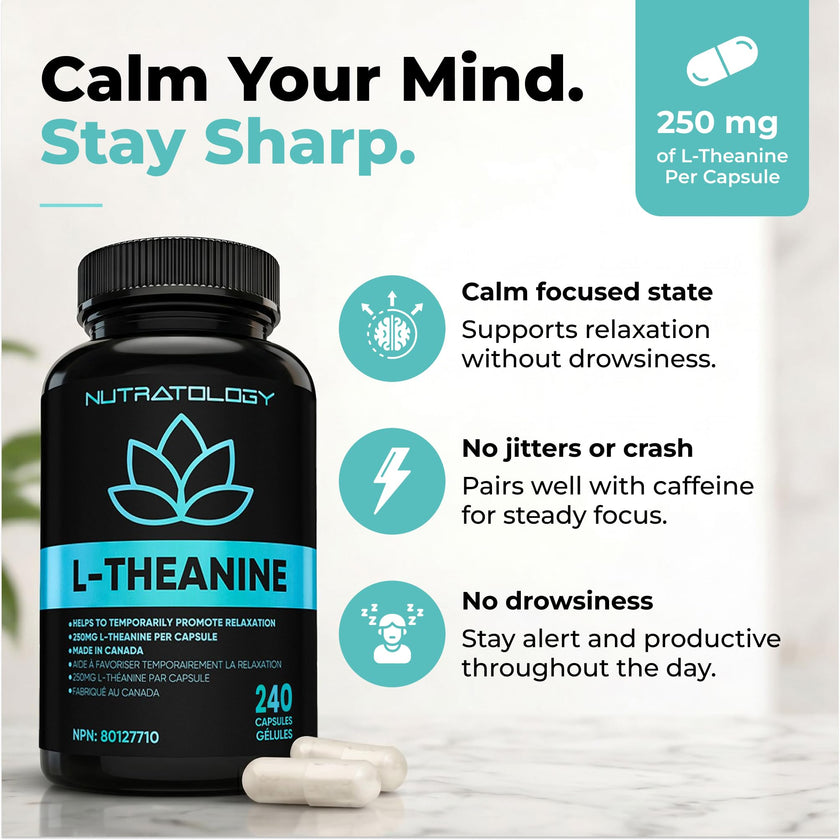 Nutratology® L-Theanine 250MG Capsules | Canadian-Made | For Stress Management | Promotes Relaxation & Calmness Without Drowsiness - L-Theanine Supplement for Stress Relief | 240 Capsules 🍁 All In One Marketplace Canada