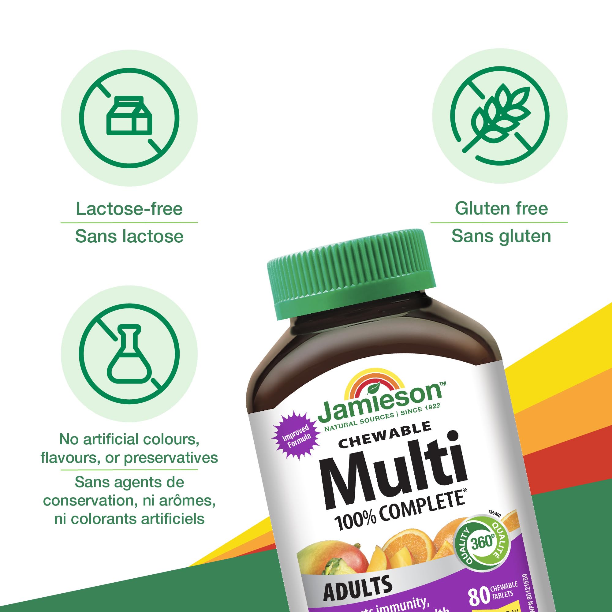 Jamieson 100% Complete Multivitamin Chewable for Adults Citrus Twist Flavour, with Lutein, Calcium, and Biotin. Supports Immunity, Energy, and Overall Health, No Artificial Colours, Flavours, or Preservatives, One Per Day, 80 Count
