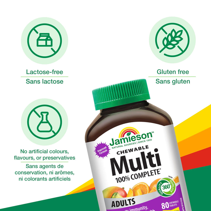 Jamieson 100% Complete Multivitamin Chewable for Adults Citrus Twist Flavour, with Lutein, Calcium, and Biotin. Supports Immunity, Energy, and Overall Health, No Artificial Colours, Flavours, or Preservatives, One Per Day, 80 Count