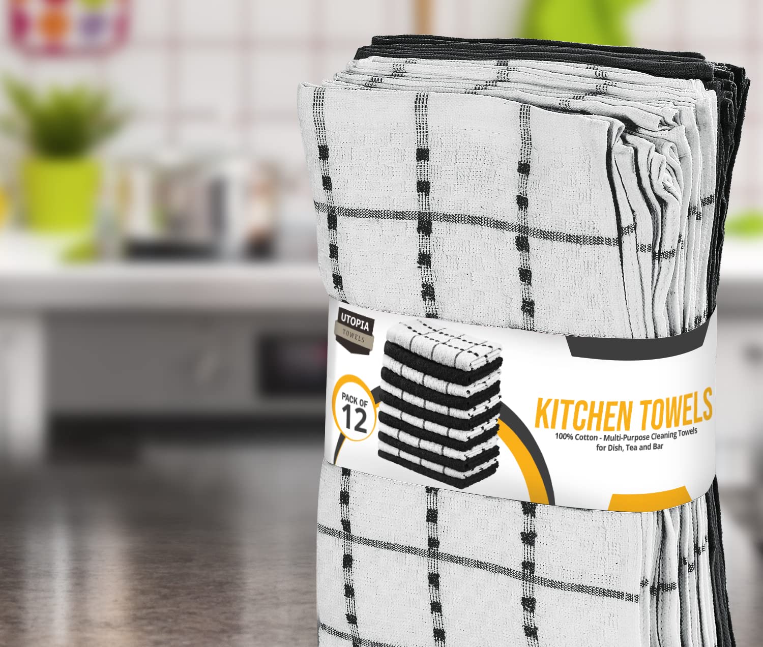 Utopia Towels Kitchen Towels, 12 Pack, 15 by 25 Inches, Dobby Weave, 100% Ring Spun Cotton, Super Soft and Absorbent Dish, Tea, and Bar Towels, Black 🍁 All In One Marketplace Canada